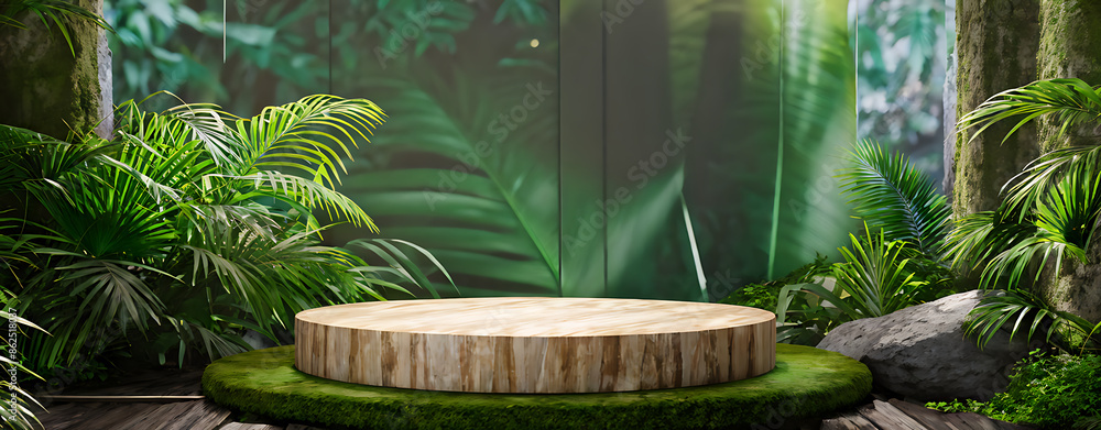 Wall mural  Podium background product forest green display platform wood stone 3d garden rock. Product podium jungle background stage leaf cosmetic nature scene stand presentation mockup tree pedestal plant eco