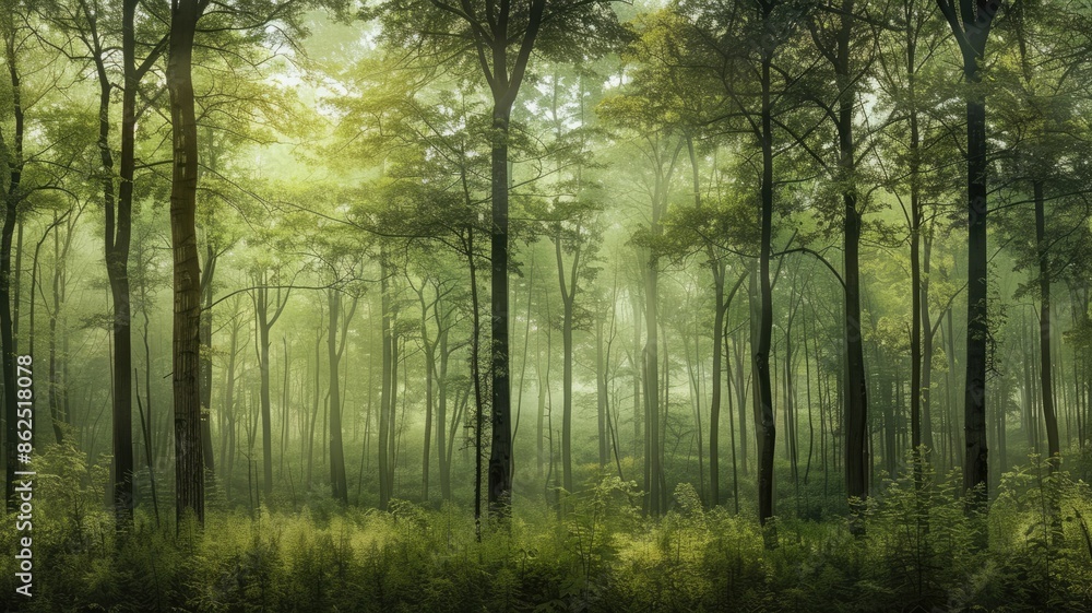 Poster misty forest at dawn with sunlight filtering through trees