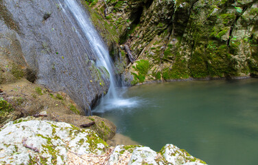 Waterfall on the river in nature in summer