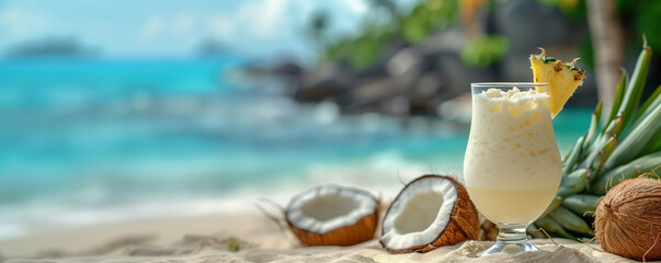 Pina colada on the sand at the seashore. Concept of summer, vacation.