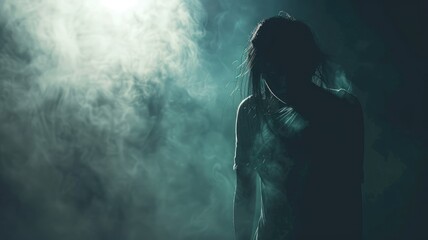 Obraz premium Silhouetted woman in mist with dramatic lighting