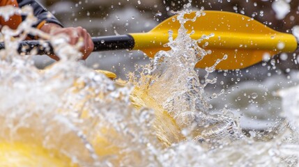 Paddler in focus during whitewater kayaking adventure
