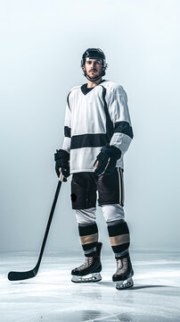 Hockey player stands with a stick