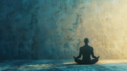 Obraz premium Silhouette of person meditating in serene, blue-toned setting with textured background