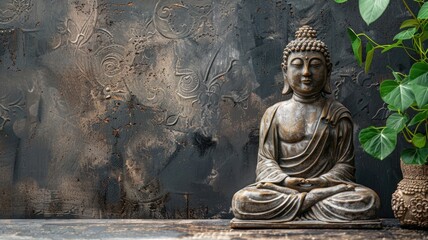 Buddha statue in meditation beside green plant against ornate background