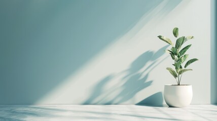 Potted plant with long shadow on blue wall and floor background