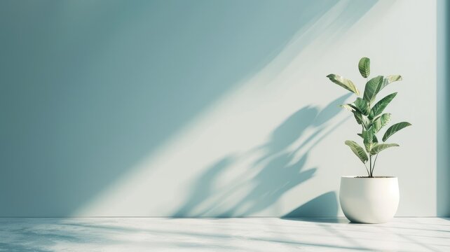 Potted plant with long shadow on blue wall and floor background