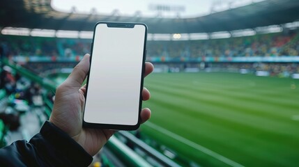 Male hand holding smartphone with blank screen on crowded sports stadium, green field in background