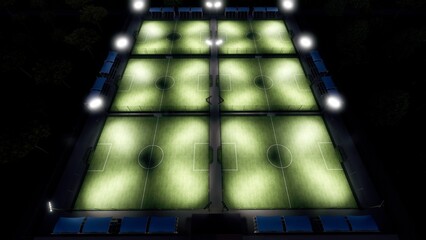 Green Football Soccer Field from above with bright spotlight in the night backgrounds
