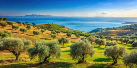 Tranquil Mediterranean landscape with olive trees, rolling hills, and blue sea , Mediterranean, landscape, olive trees