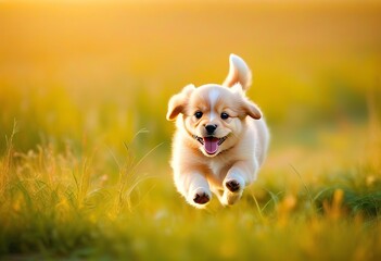 A cute puppy running in a green field on a sunny day