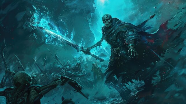 The warrior fights the lich and its army of skeletons