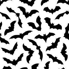 Naklejka premium Halloween bats silhouettes seamless pattern, flurry of nocturnal creatures in flight, silhouetted against white background, creates a hauntingly stylish vector tile for spooky wallpapers and decor