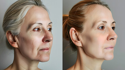 Woman's transformation before and after facelift procedure, beauty enhancement, facial rejuvenation and antiaging treatment concept