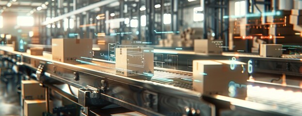 conveyor belt in a distribution warehouse with row of cardboard box packages for e-commerce delivery and automated logistics concepts as wide banner with copysapce area