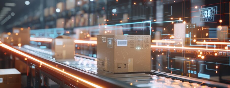 conveyor belt in a distribution warehouse with row of cardboard box packages for e-commerce delivery and automated logistics concepts as wide banner with copysapce area