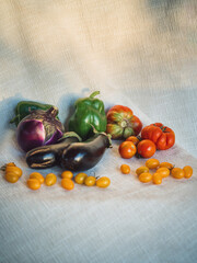 Vertical Still Life of Tomatoes, Eggplants and Bell Peppers on White Cotton Cloth in Golden Sunlight of a Sardinian Veranda.