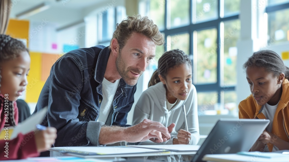 Poster portrait of teacher teaching about ai at digital classroom. multicultural elementary student learnin