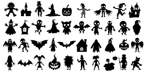 Obraz premium Silhouettes of halloween characters on white background. A collection of Halloween character silhouettes set against a white background, featuring various hairstyles, facial expressions, and gestures