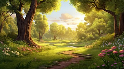 Fototapeta premium Earth Day background, with clear atmosphere, warm sunlight casting soft shadows on lush landscapes