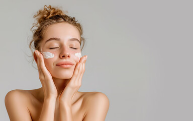 Portrait photo of a beautiful woman applying moisturizer cream on her face. Skin care morning routine. High-quality photo of younger girl on grey background. Wellness concept.