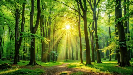 Obraz premium Background of a serene forest with lush green trees, sunlight filtering through leaves, and a peaceful atmosphere, forest, nature