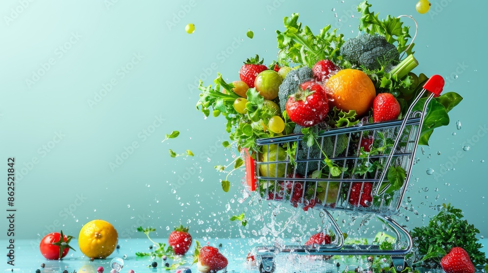 Poster a dynamic 3d rendering presenting a shopping cart overflowing with groceries, including items from e