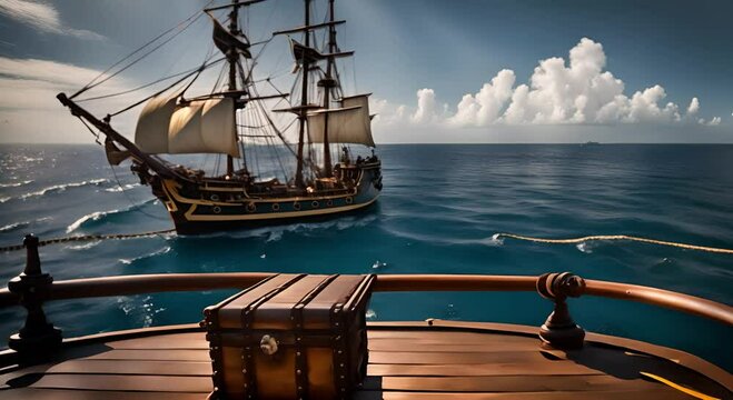 View from the deck of a pirate ship on a tropical island with a hidden Corsair treasure chest