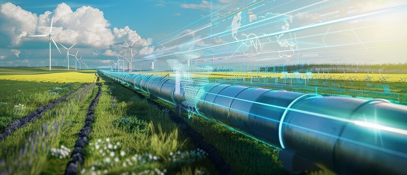 windmills turbines in a natural field for wind generation of hydrogen out of air or water into pipeline, Green hydrogen nitrogen to form nitrogen fertilizer production banner concept