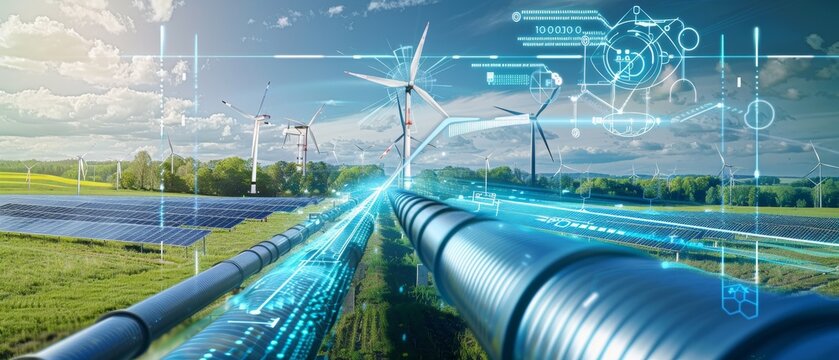 windmills turbines in a natural field for wind generation of hydrogen out of air or water into pipeline, Green hydrogen nitrogen to form nitrogen fertilizer production banner concept - Powered by Adobe