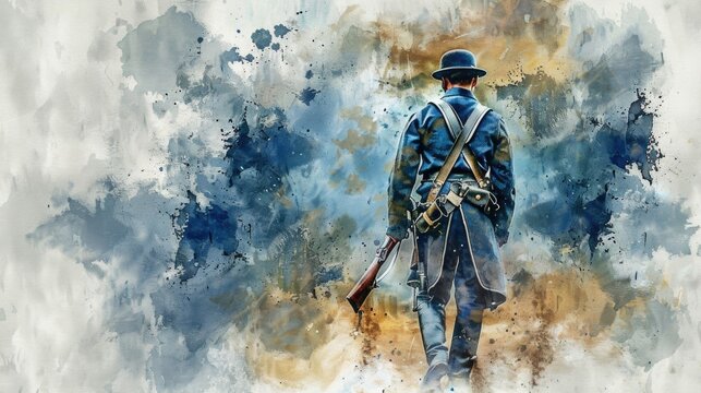 Watercolor illustration of a civil war soldier. Canvas texture. Blue uniform. The War of the Rebellion, The Brothers' War