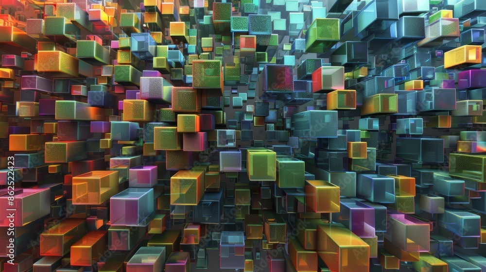 Poster a mosaic of cubes in a variety of sizes each one bursting with vibrant colors and patterns.