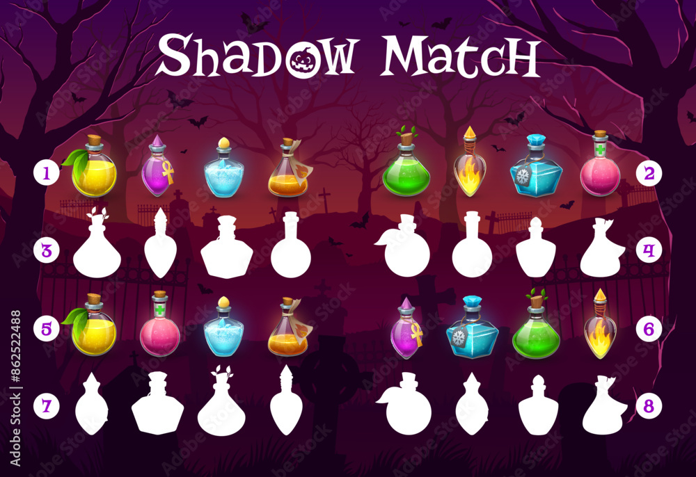 Poster halloween shadow match game, witch magic potion bottles. find a correct shade of cartoon flask with 
