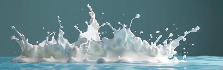 splattered milk splash, pouring white liquid flow for low, full, skimmed fat dairy products over blue clean isolated background as wide commercial banner design with copyspace