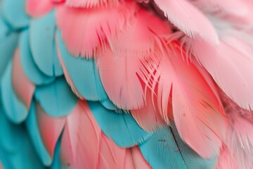 Fototapeta premium Vivid coral and turquoise parrot feathers close-up texture