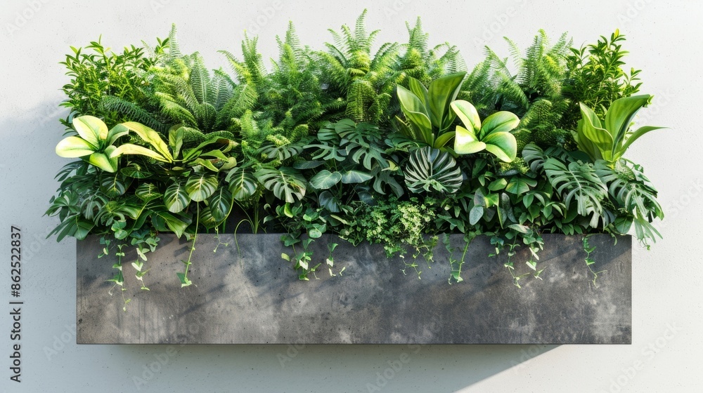 Poster a large rectangular planter with a geometric grid pattern overflowing with a variety of leafy green 