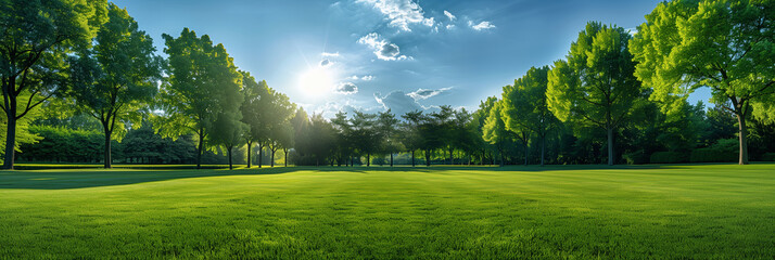 Sunrise over a serene green park with trees.