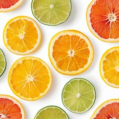 A seamless pattern of citrus fruit slices on a white background, in a top view.