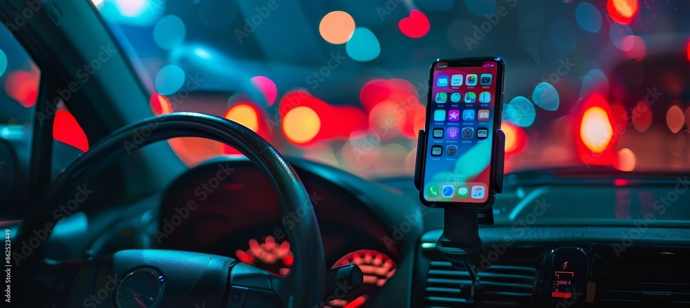 Aufkleber autonomous futuristic car dashboard smartphone mobile holder using navigation gps maps system concept with HUD and hologram screens and infotainment app user interface as wide banner