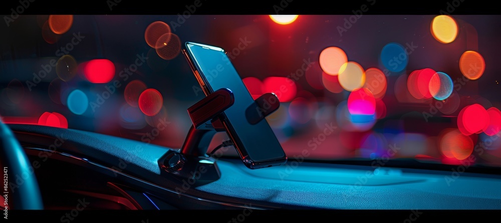 Aufkleber autonomous futuristic car dashboard smartphone mobile holder using navigation gps maps system concept with HUD and hologram screens and infotainment app user interface as wide banner