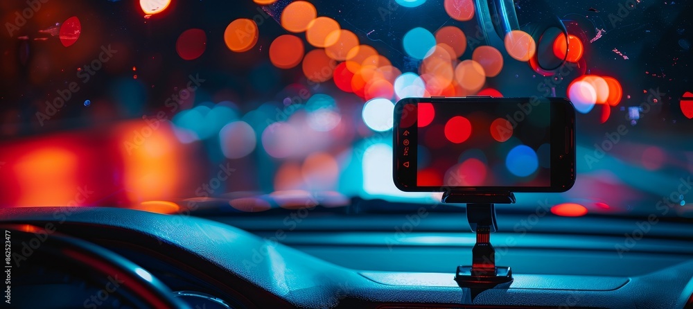 Aufkleber autonomous futuristic car dashboard smartphone mobile holder using navigation gps maps system concept with HUD and hologram screens and infotainment app user interface as wide banner