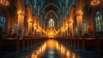 Fototapeta premium A grand cathedral with high ceilings and colorful stained glass.