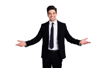 Partner partnership concept. Portrait handsome hr have meeting invite come want cuddle colleagues friends party promotion victory glad excited enjoy blazers trousers isolated argent background