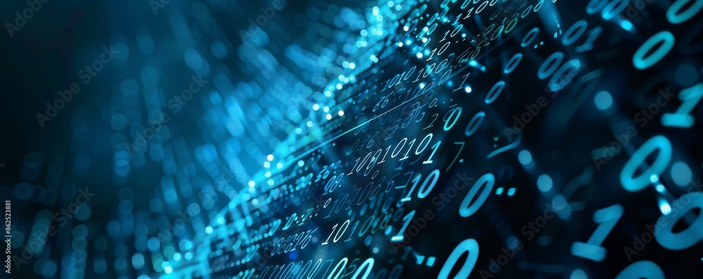 Aufkleber information technology and blue digital binary data network with coding and software algorithm programing as blue data flow abstract datum background banner