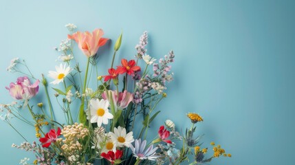 Bouquet of meadow flowers on blue gradient background with copy space. Beautiful floral composition suitable for wall arts and wedding, celebration, gift or invitation card. Generative AI