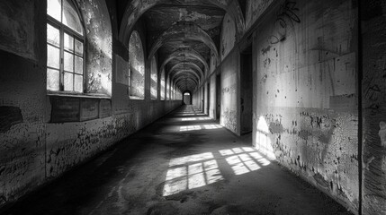 Obraz premium Shadows dance along the walls of the empty echoing space creating an eerie atmosphere. Black and white art