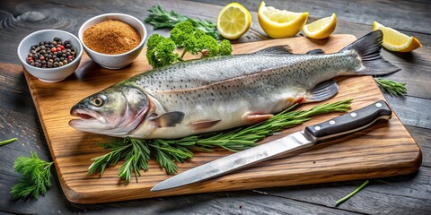Fresh trout on chopping board with knife, olive oil drizzler and dill, trout, fish, fresh, chopping board, knife, olive oil