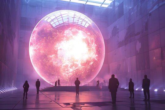 Nuclear Fusion Inertial Test Facility:Sleek Architecture,Laser Array,and Scientists Observing Experimental Results