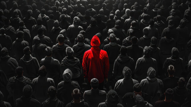 Colored man standing out from large crowd of black and white people. Stand out from the crowd concept. 