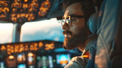 Yong man with beard in an airplane cabin flying a plane